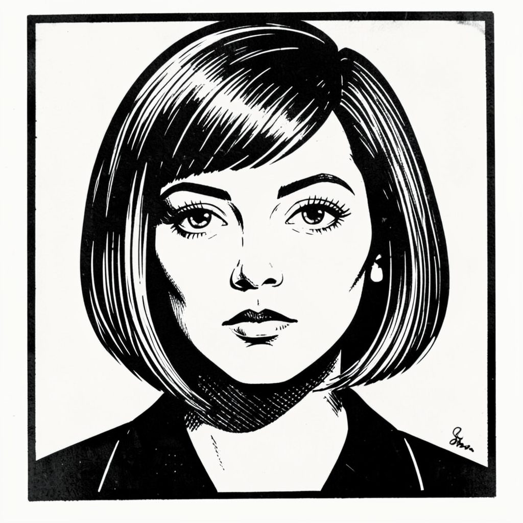 A carved linocut portrait of a woman with a sharp bob haircut, clean ink strokes, thoughtful gaze