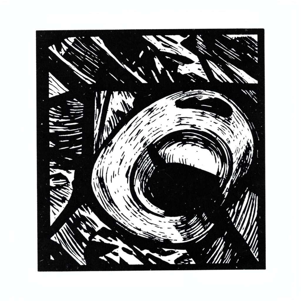 A carved linocut relief print of a person meditating in a sunlit room, black ink on cream, calm and centered mood