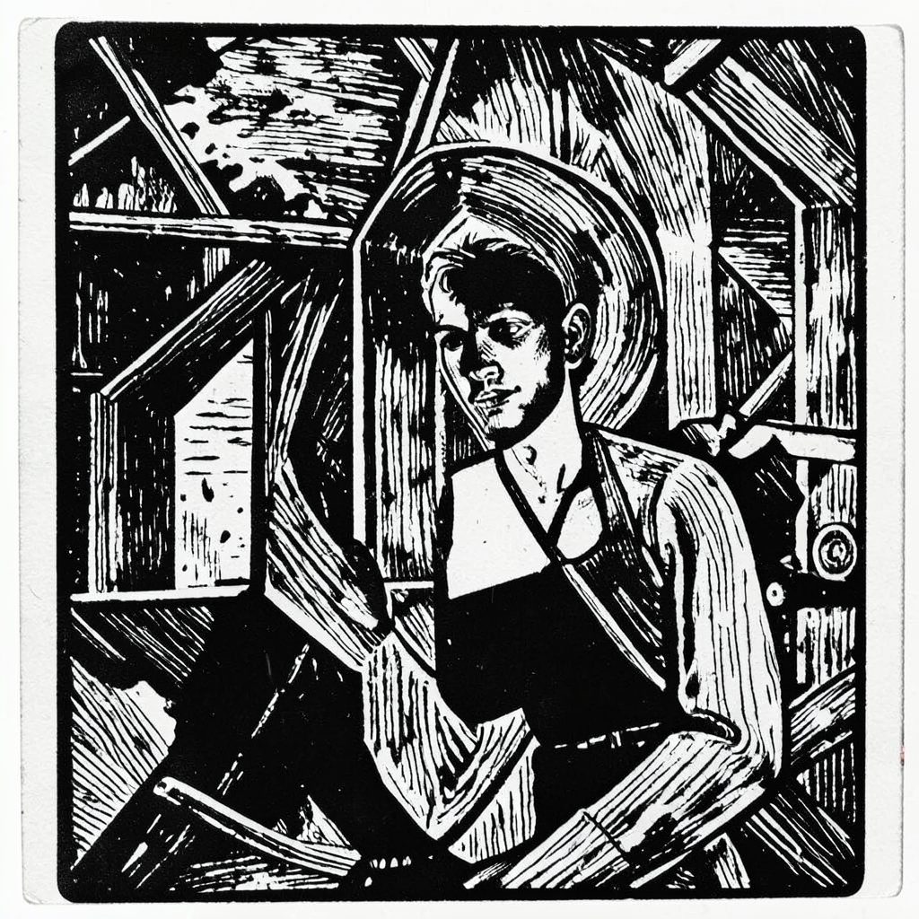 A carved linocut relief print of a stack of magazines and a coffee cup, black ink on cream, cozy and creative morning mood
