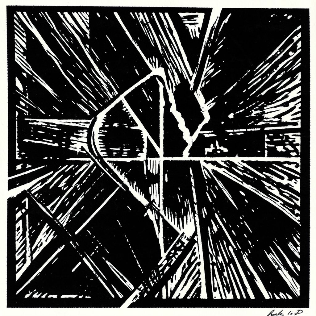 A carved linocut relief print of hands coming together in a circle, bold black ink on cream, collaborative and warm mood