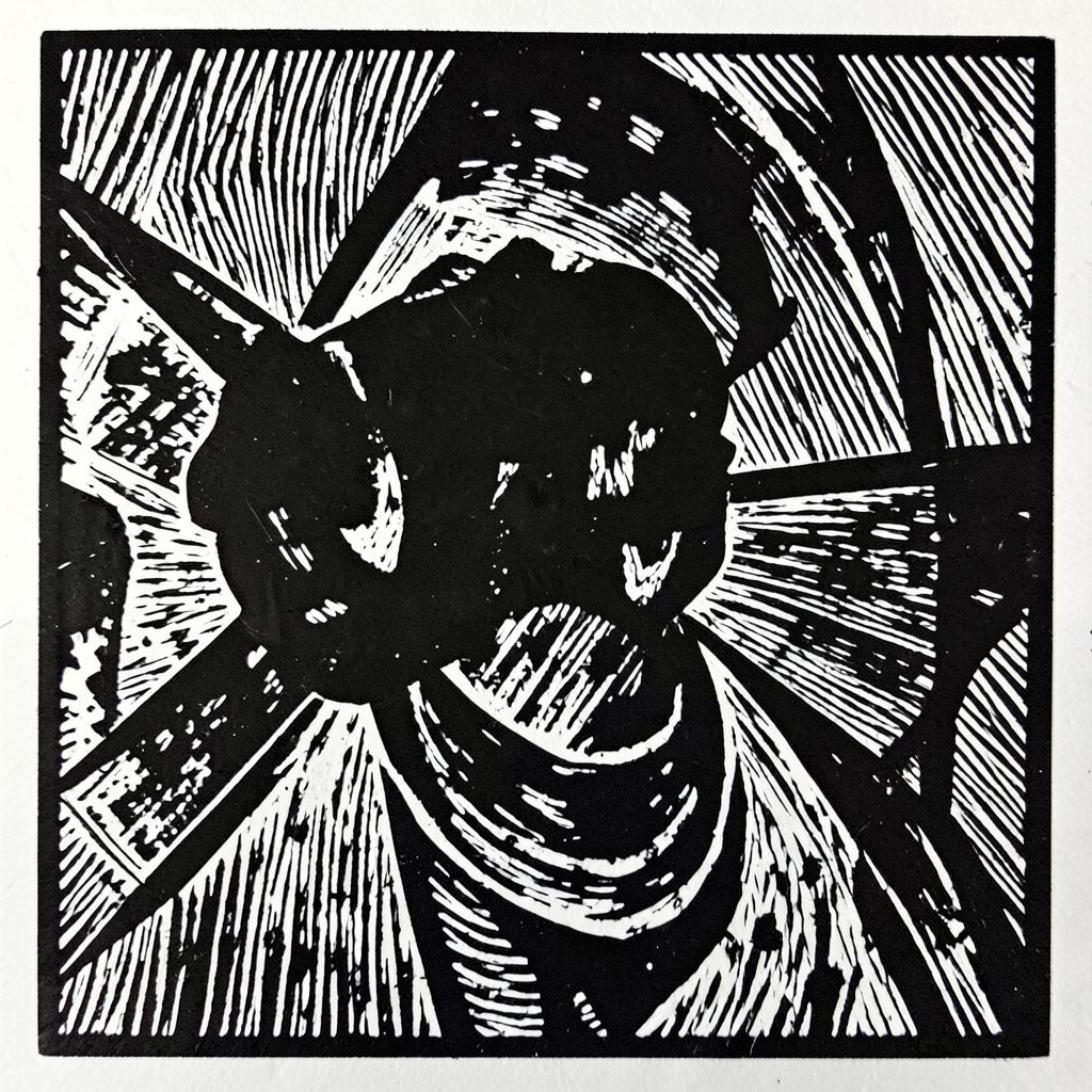 A linocut relief print of a nighttime dance floor with silhouetted figures moving under pulsing stage lights, deep blacks and electric blues.