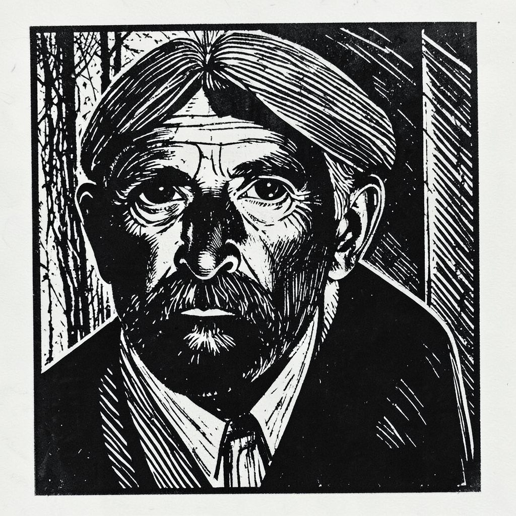 A carved linocut relief print of a tent in a forest clearing, bold black shapes on cream, adventurous and grounded mood