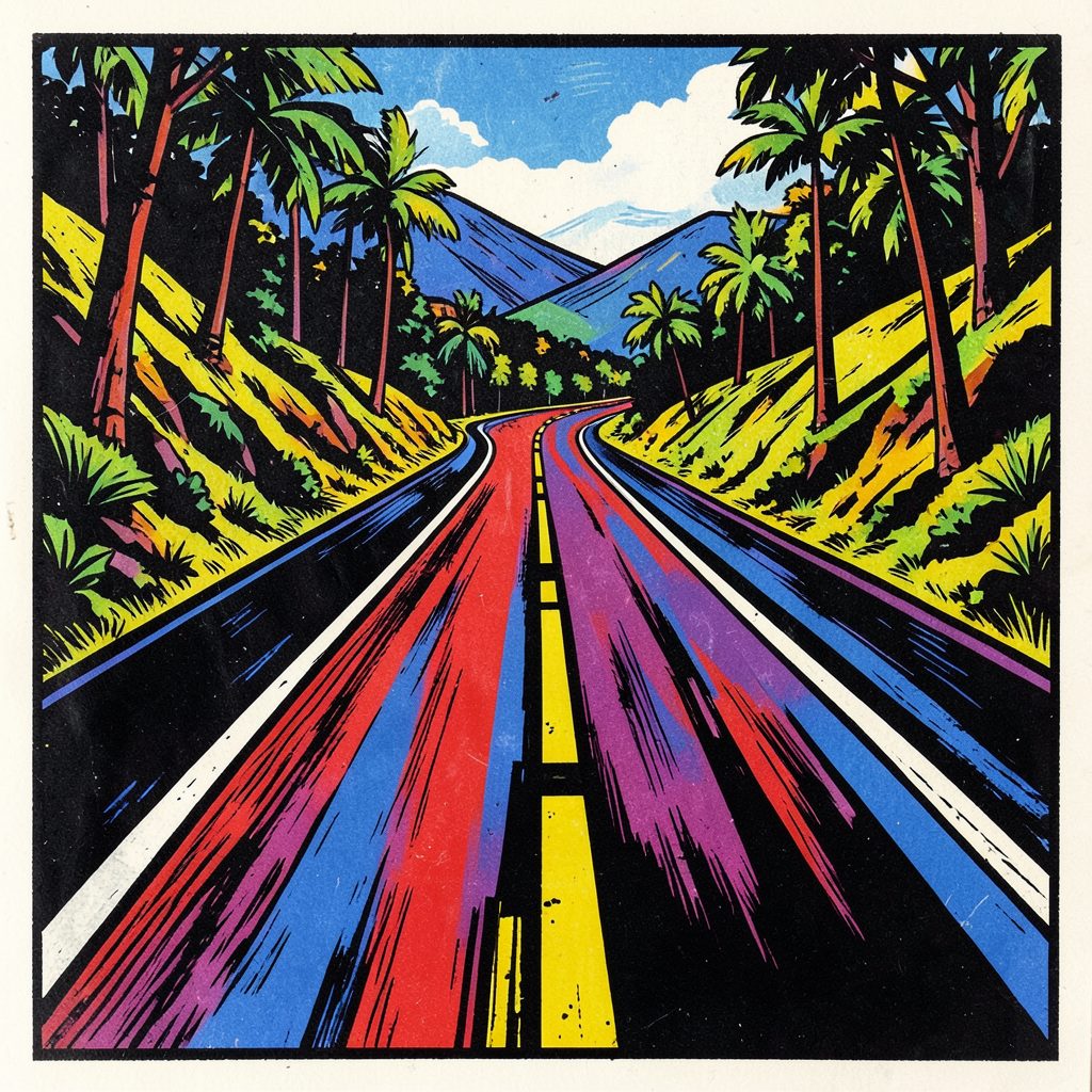 A carved linocut relief print of a winding road through mountains, vivid black ink on cream, sense of journey and freedom
