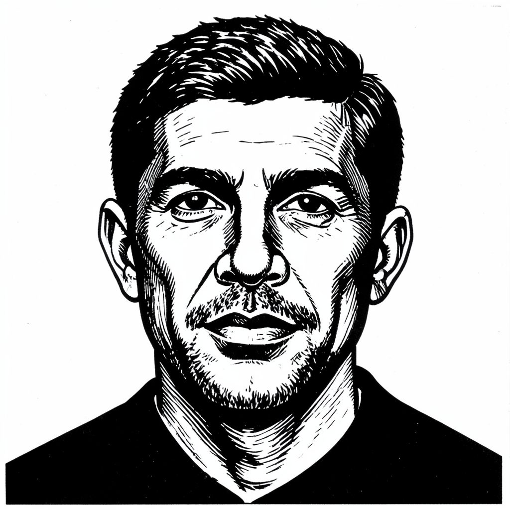 A carved linocut portrait of a man with short textured hair, strong jawline, relaxed expression in black ink