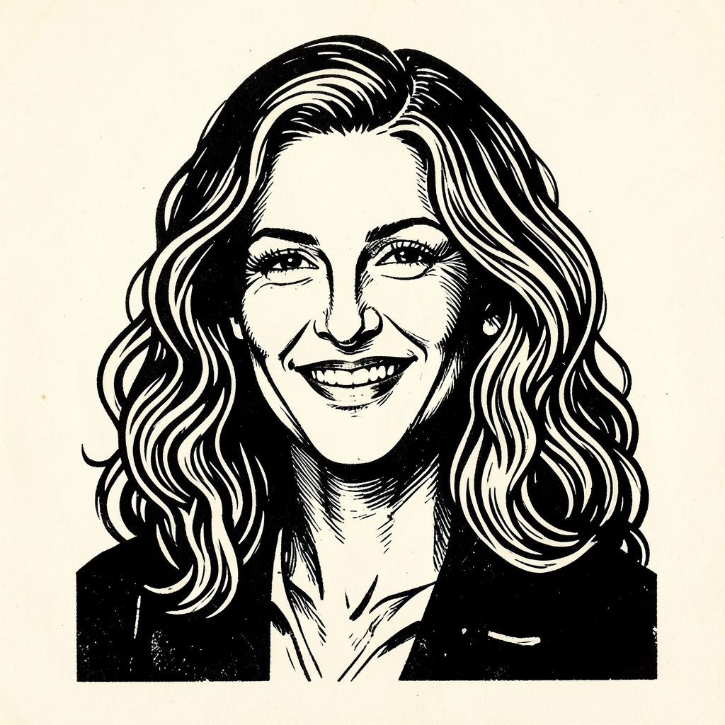 A carved linocut portrait of a woman with wavy hair, bold black ink lines on cream paper, confident and warm expression