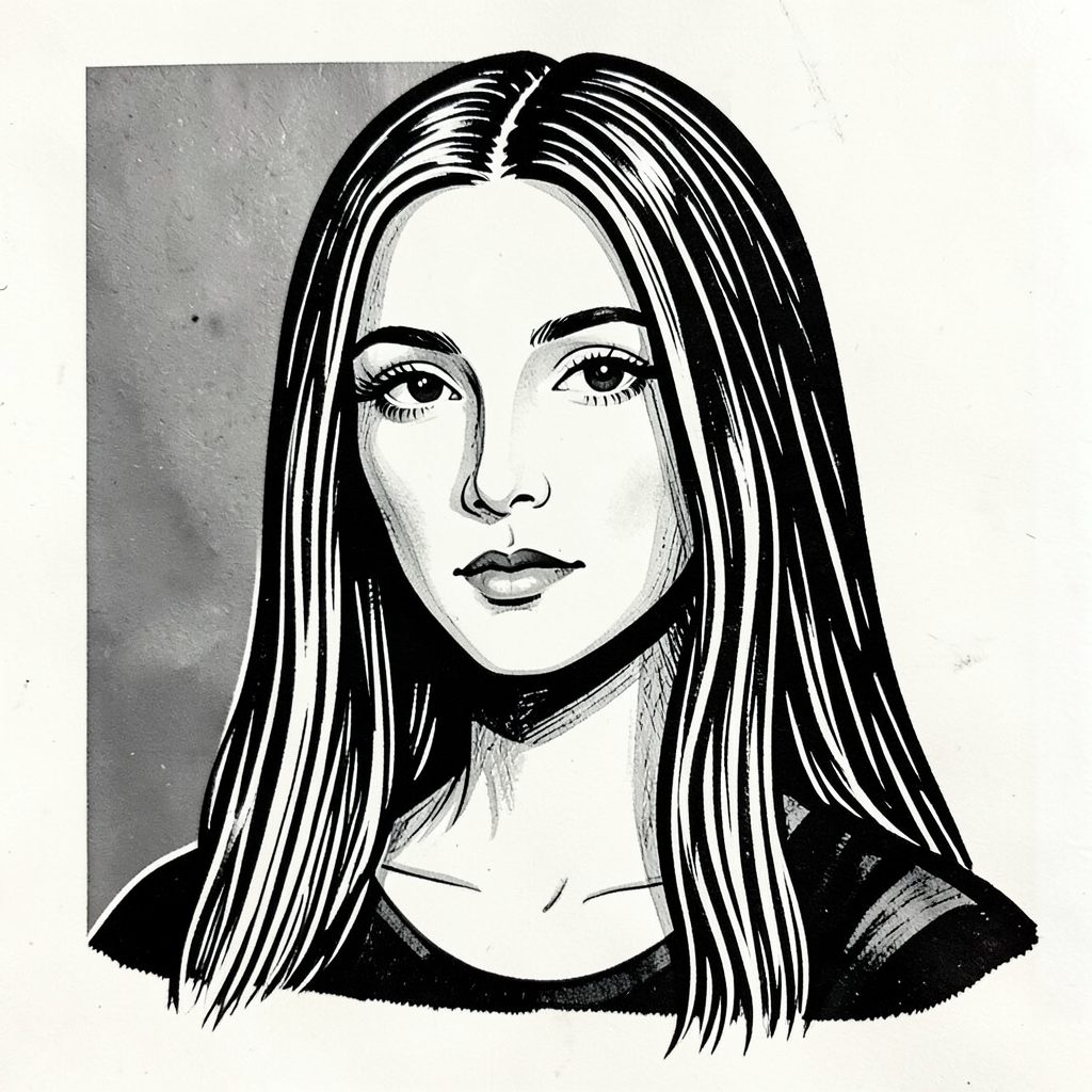 A carved linocut portrait of a woman with long straight hair, delicate features, soft ink shading