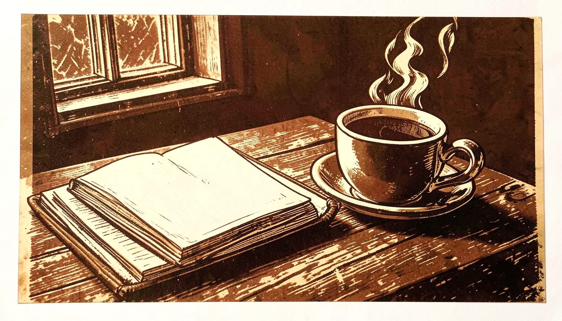 A carved linocut relief print of an open notebook beside a steaming coffee cup on a wooden table, warm cream and deep brown tones, soft morning light filtering through a window