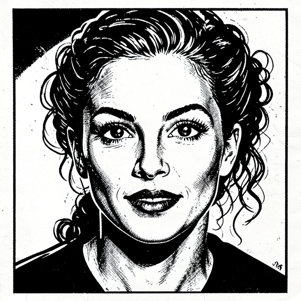 A carved linocut portrait of a woman with curly hair pulled back, bright eyes, energetic ink marks