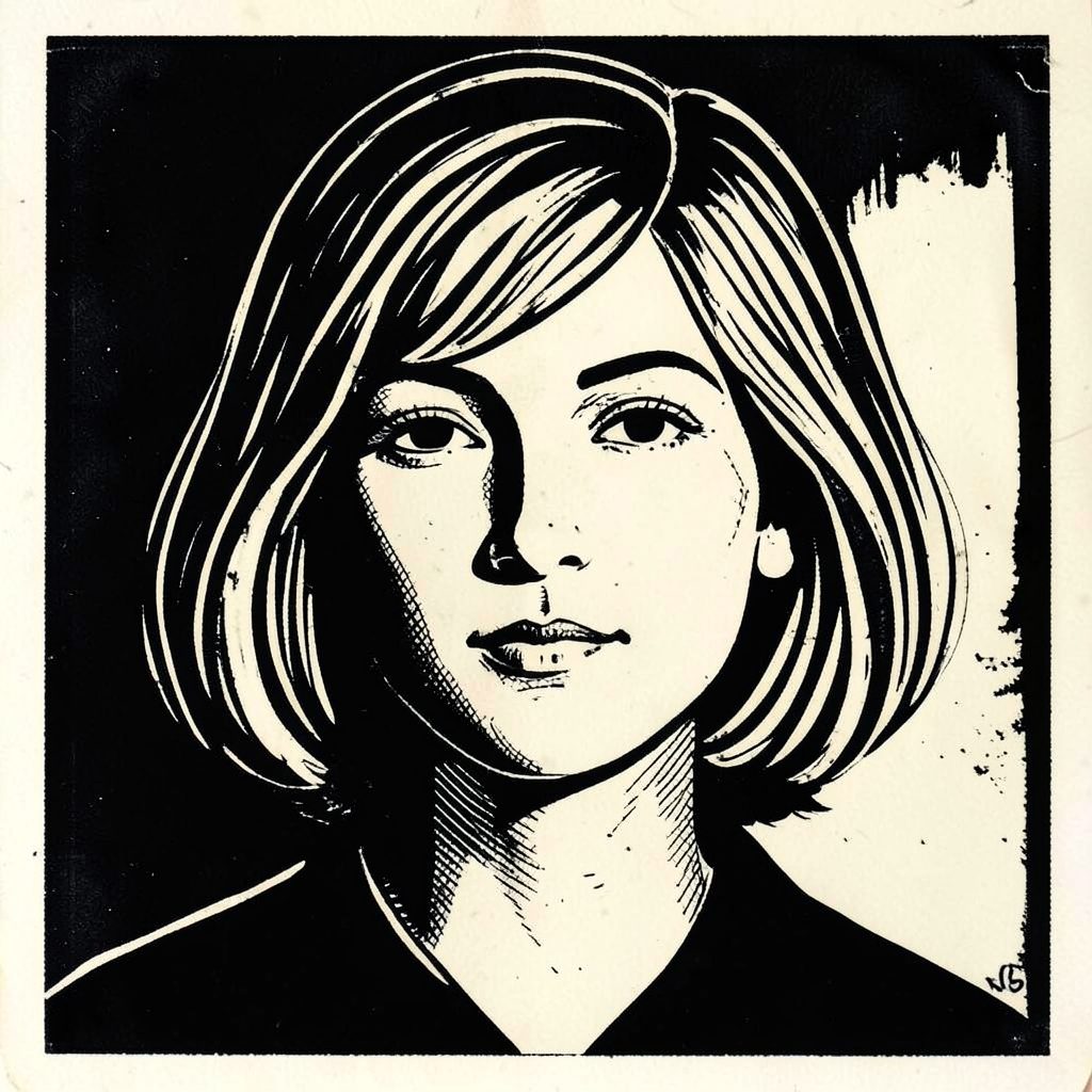 A carved linocut portrait of a woman with a side-swept fringe, oval face, calm expression in black and cream