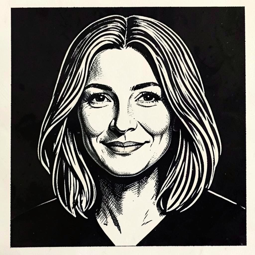 A carved linocut portrait of a woman with shoulder-length layered hair, gentle smile, bold ink contours