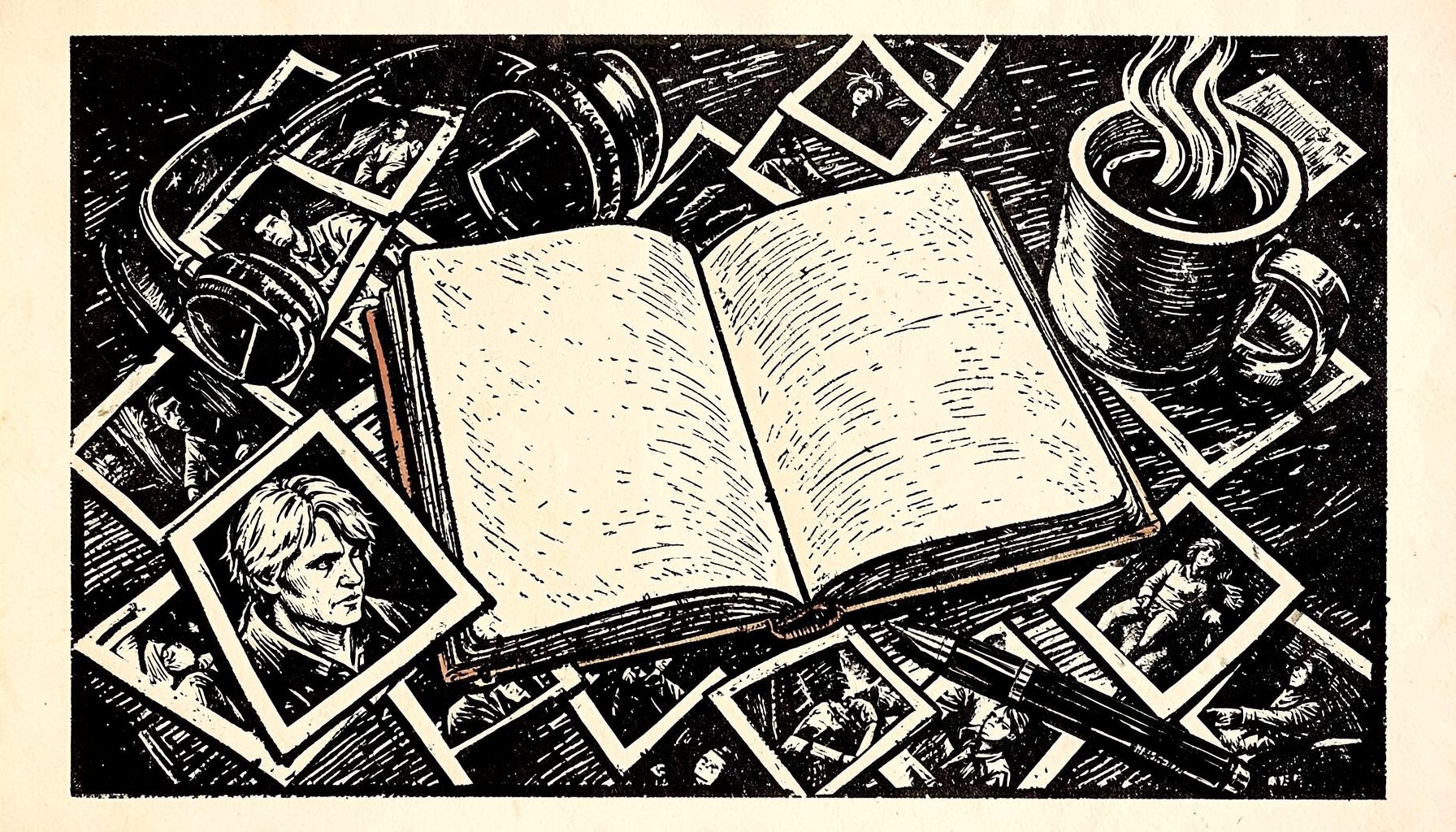 A carved linocut relief print of an open sketchbook surrounded by scattered polaroids, a pair of headphones, a steaming coffee cup, and a pen — rendered in bold black ink on cream paper with energetic hatch marks and a warm, inviting studio atmosphere.