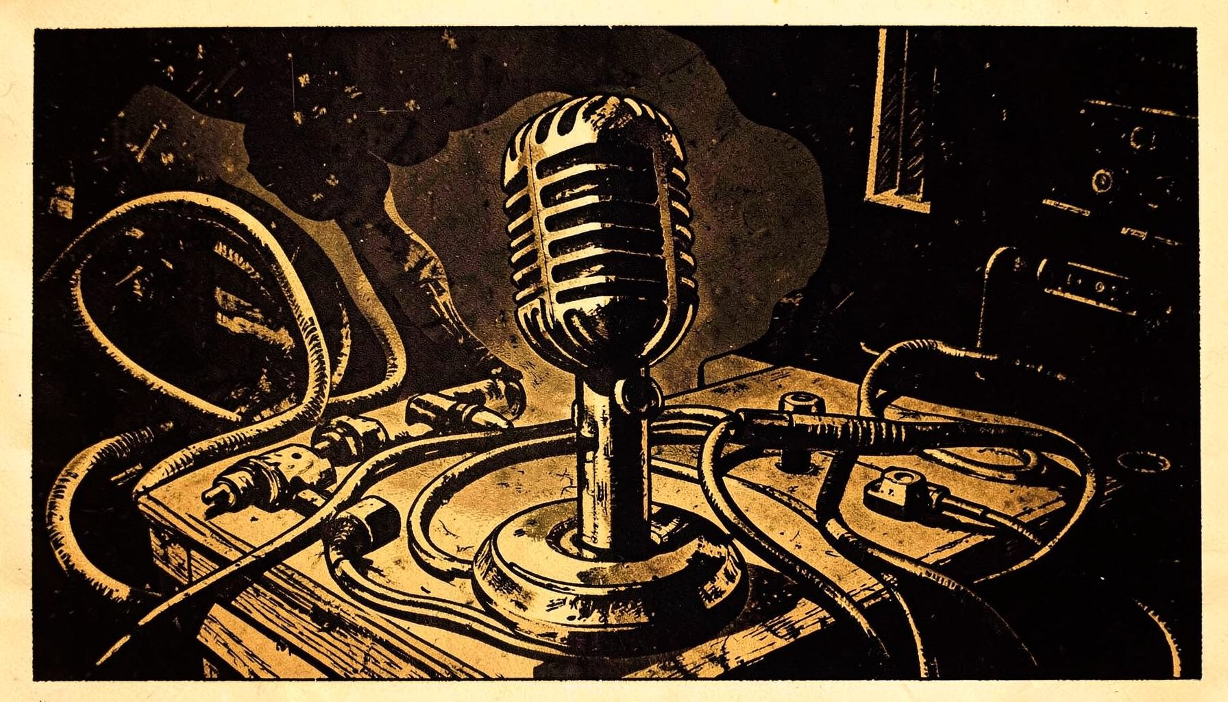 A warm linocut relief print of a vintage microphone on a studio desk, surrounded by coiled audio cables and soft pools of amber and charcoal shadow, evoking an intimate late-night recording session.