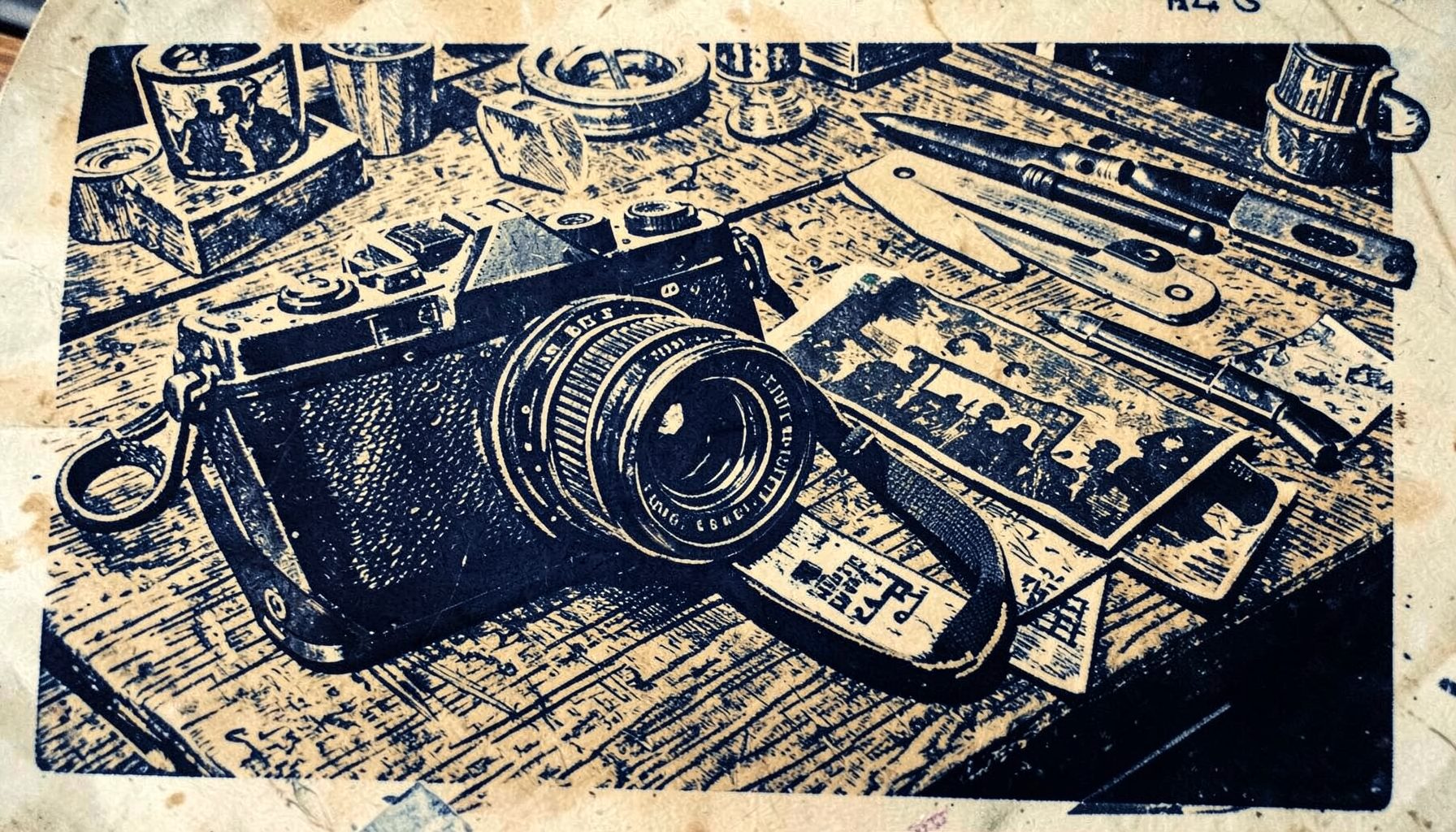 A linocut relief print of a camera and event passes laid across a wooden table, rich sepia and slate-blue tones, with textured grain suggesting a behind-the-scenes creative workspace.