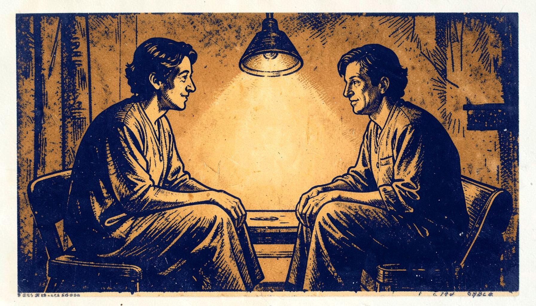 A linocut relief print of two people seated across from each other in a cozy studio, warm ochre and deep indigo tones, with soft lamplight pooling between them.