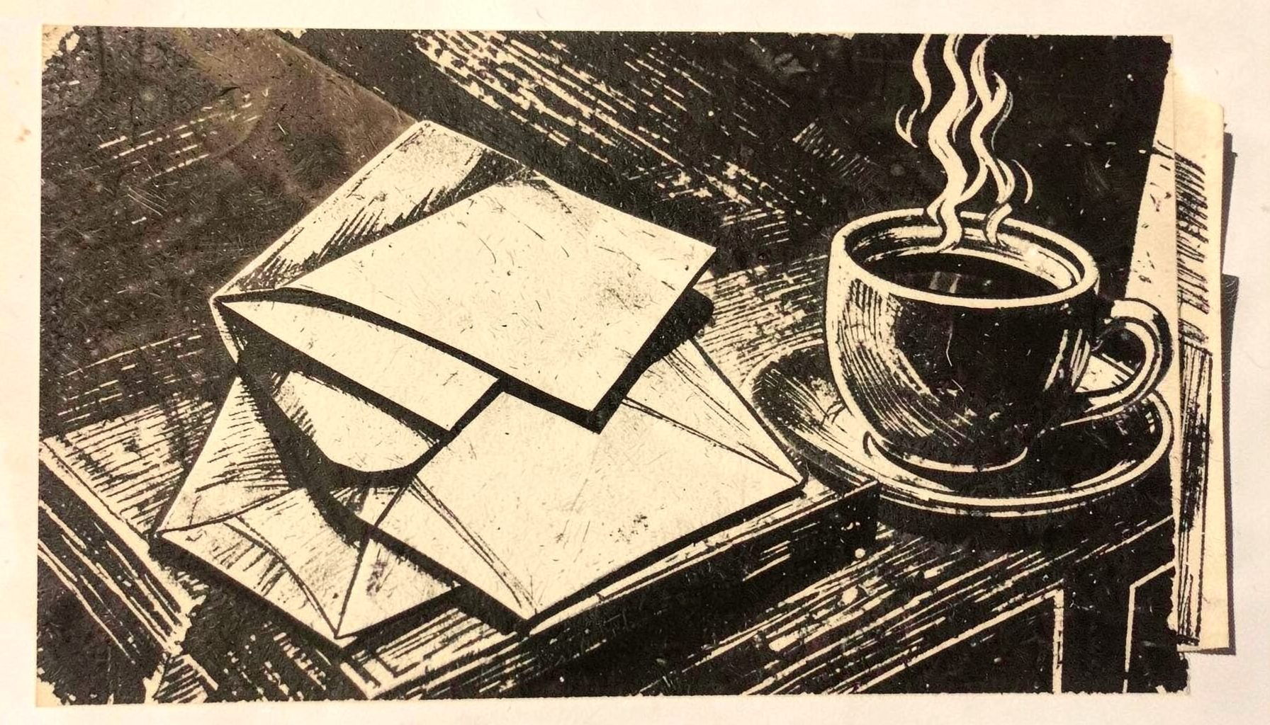 A carved linocut relief print of an open envelope resting on a desk beside a steaming coffee cup, with soft morning light spilling across the scene in warm cream and charcoal tones.